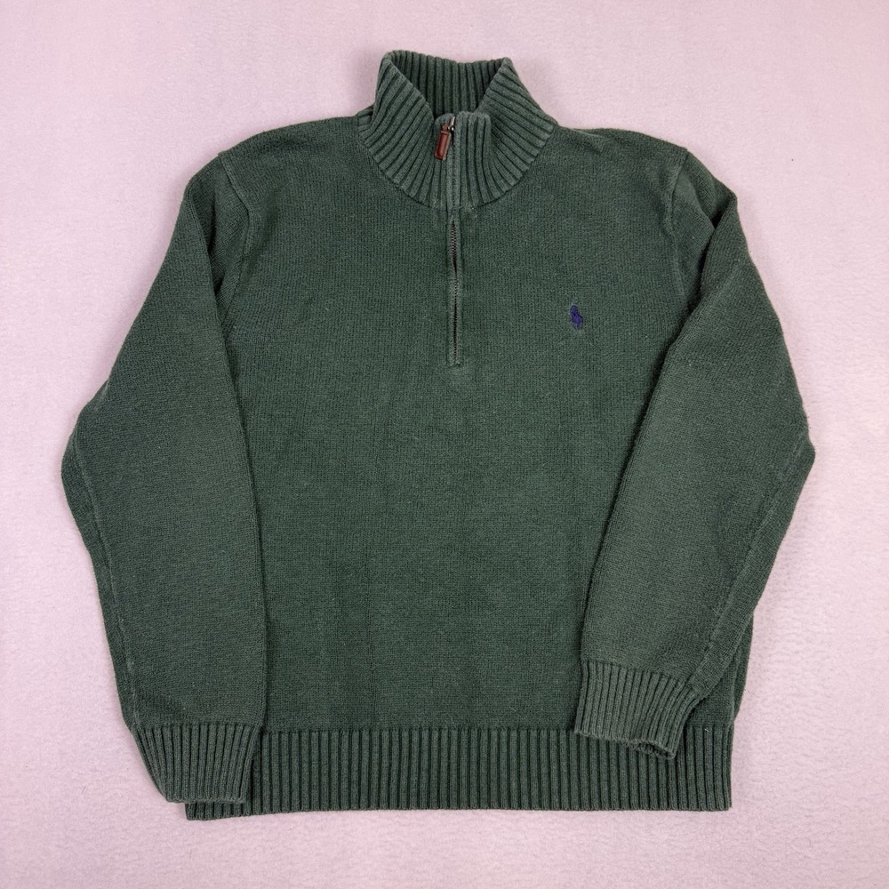 Polo Ralph Lauren Men L Green 1/4 Zip Pullover 100% Cotton Sweater Pony Logo